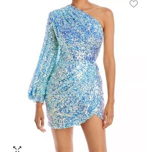 BRONX and BANCO Sky Blue Galaxy One Shoulder Sequin Mini Dress Large $65…